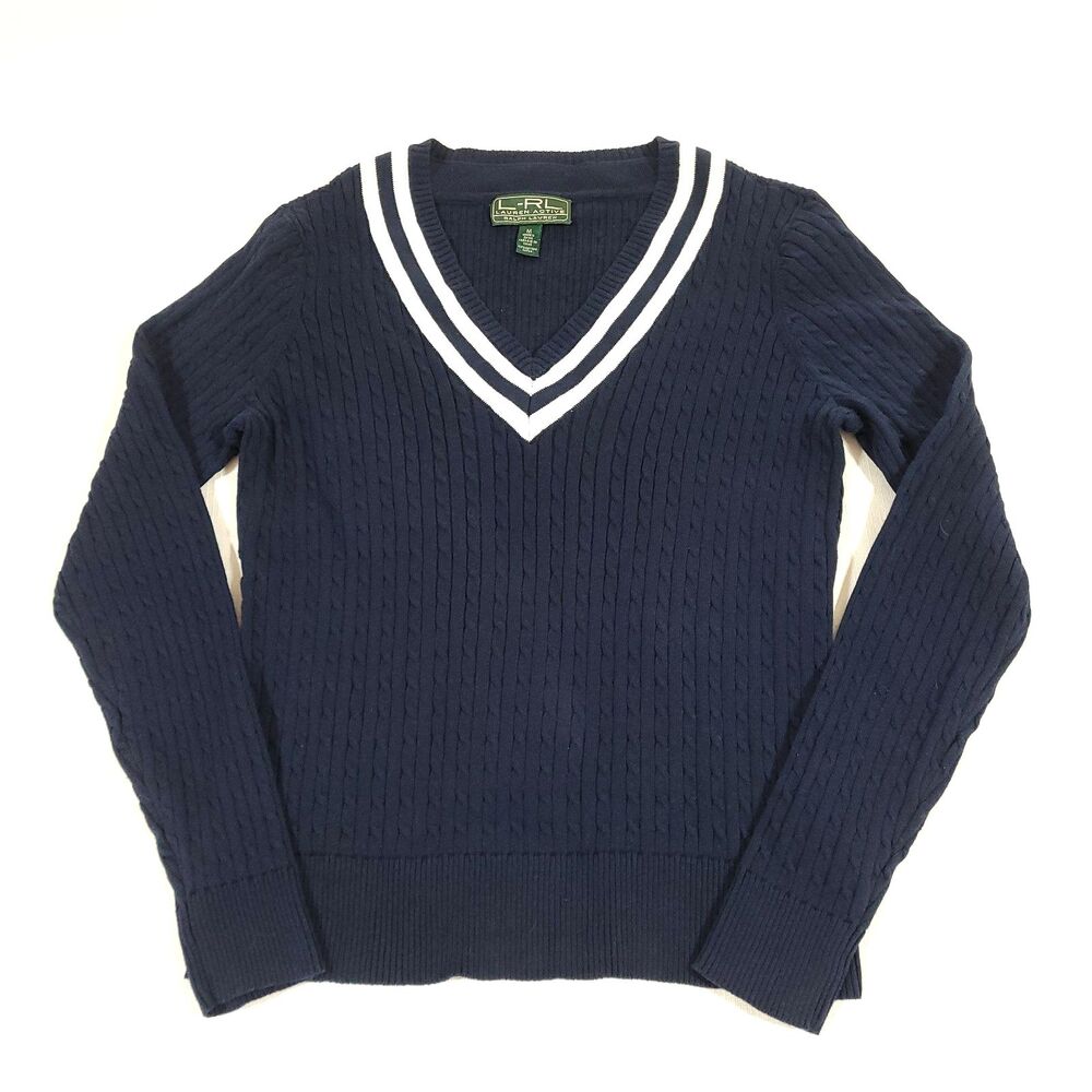 Ralph Lauren Cable Knit Tennis Sweater M navy Blue VNeck cotton Preppy old money